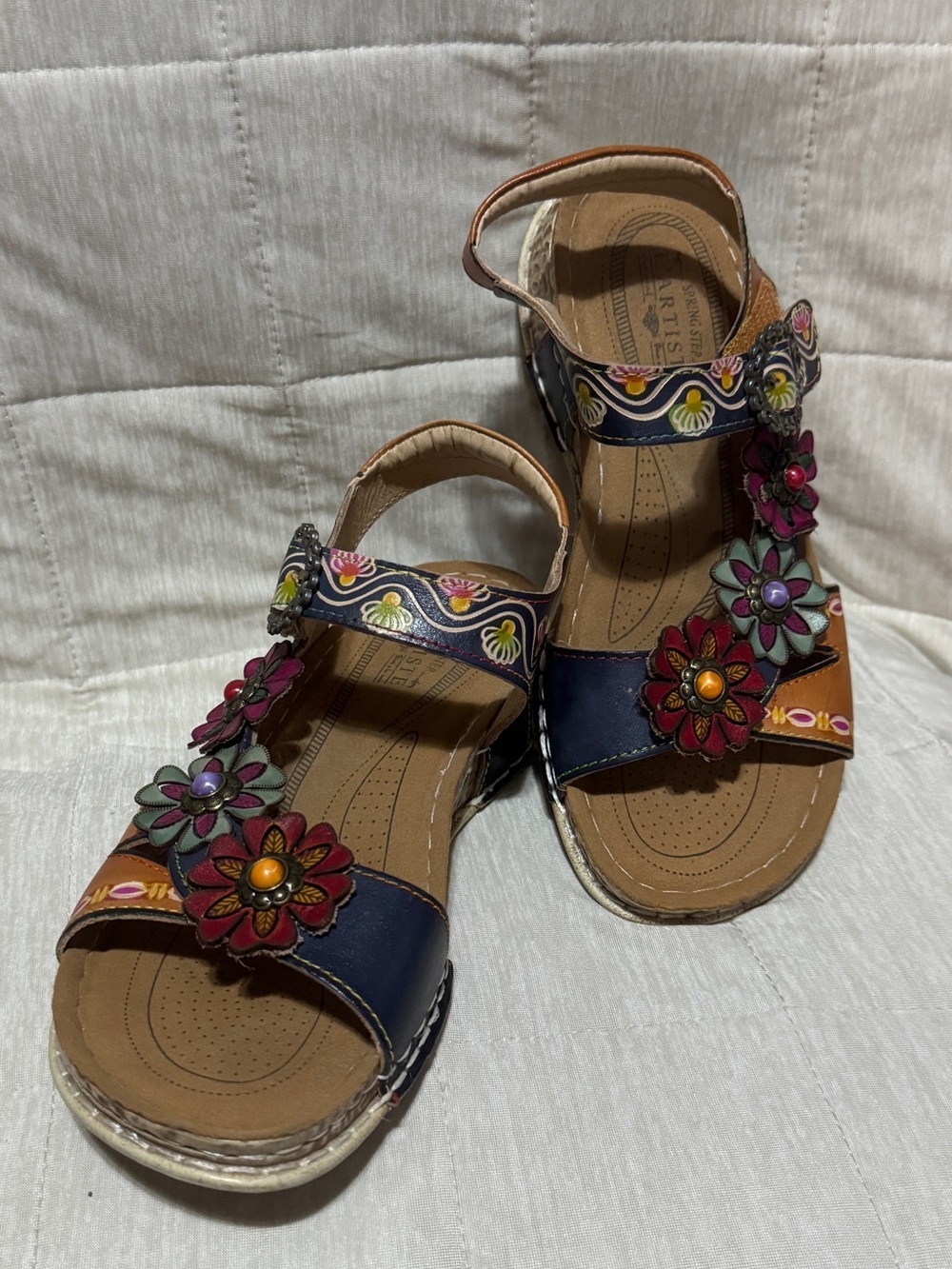 Hand-Painted Floral Leather Sandals in Navy & Tan